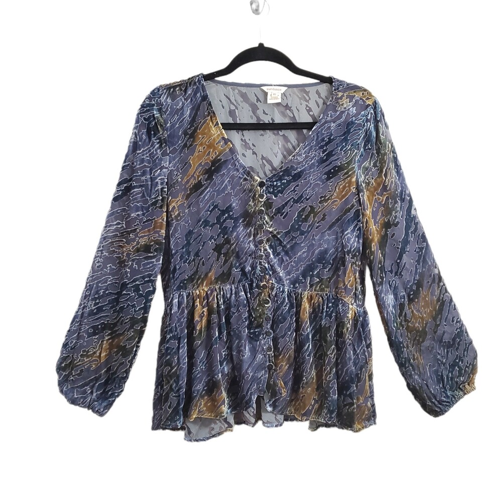 Sundance Velvet Riches Blouse XS Silk Rayon Peplum Burnout Long Sleeve Sheer V